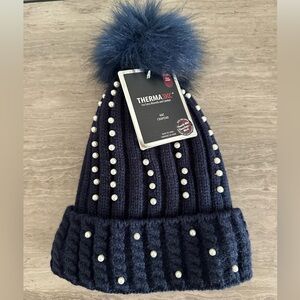 New With Tags! Warm knit Pompom hat with pearls. Soft velour lining. Blue